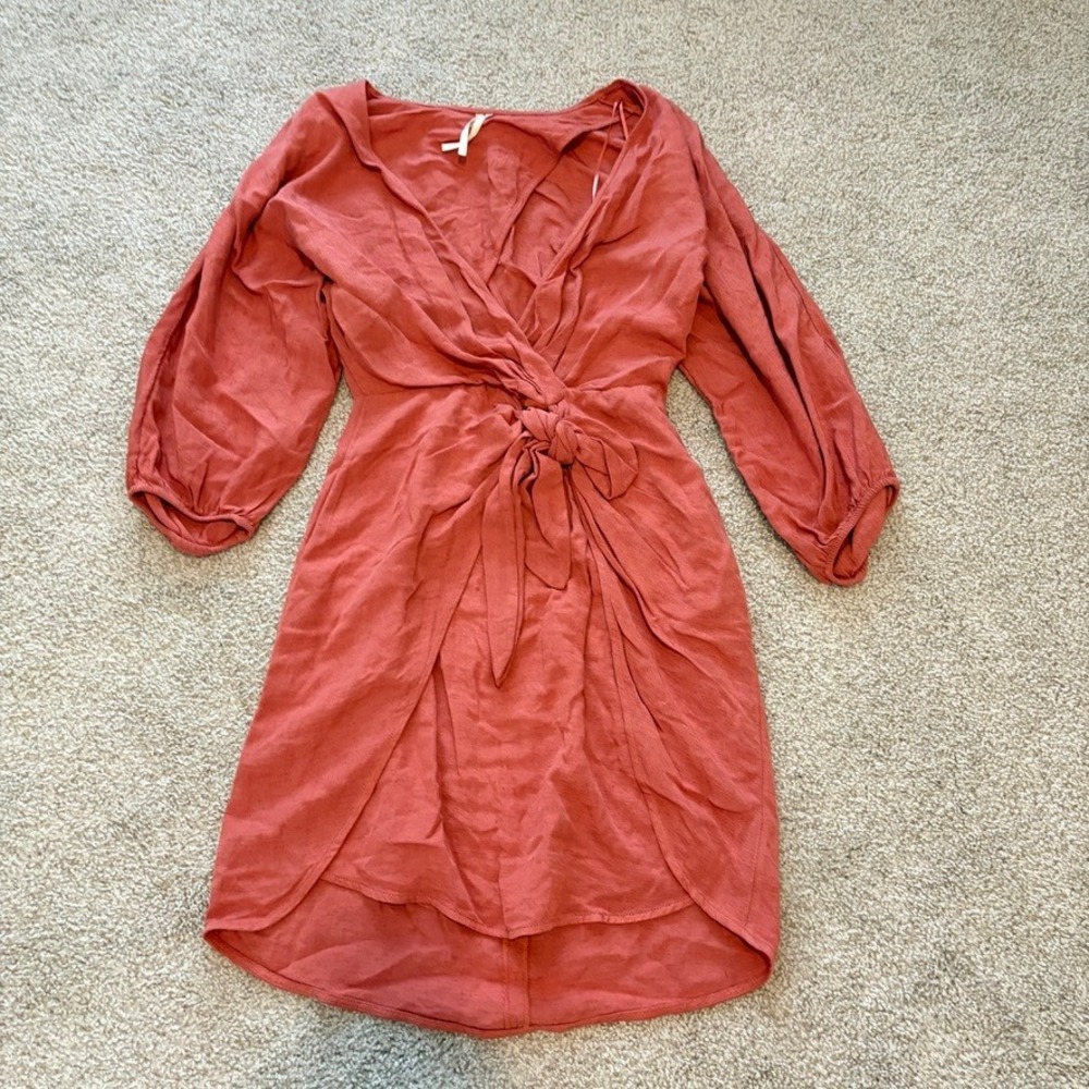 Anthropologie Tie Front Wrap Mini Dress Womens 2 Pink Linen Blend Beach Boho
